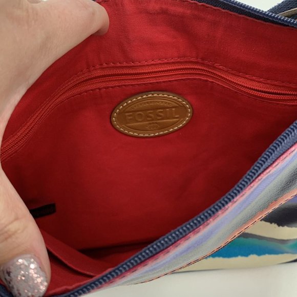 Fossil Coated Canvas Crossbody Purse Bag Bright Stripes Pink Blue Zip Top - Picture 5 of 5